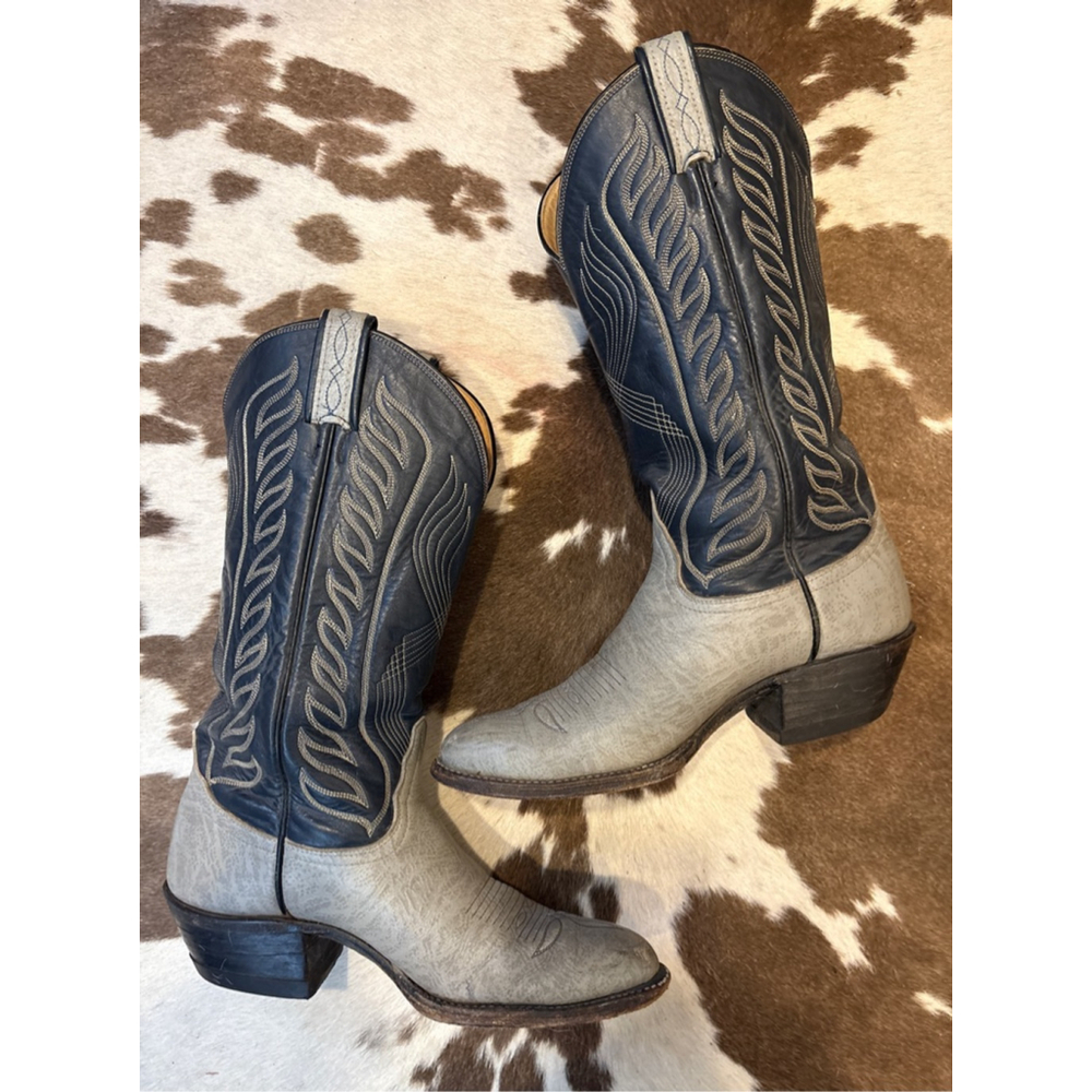 Vintage Black Label Tony Lama Cowboy Boots, Grey and Navy Leather